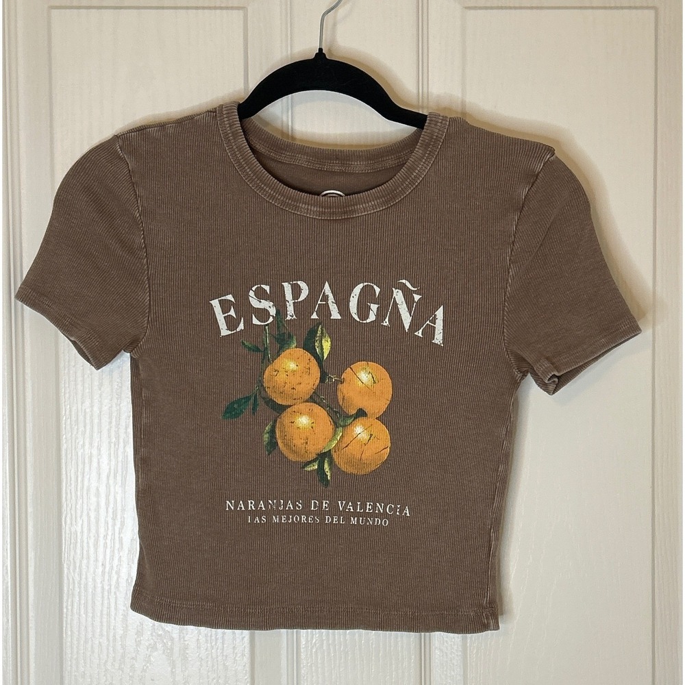 Social Culture Womens Ribbed Graphic Crop Top Brown Espagna Valencia Orange S